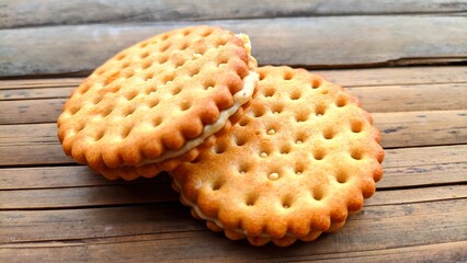 Cookies with peanut butter filling on a bamboo background
