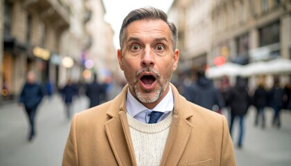 A middle-aged man, mouth agape in surprise, stands on a city street