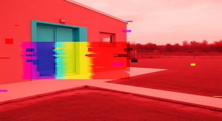 A building exterior with a colorful glitch effect overlaying the doors.