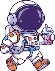 Cartoon astronaut with bubble tea vector—playful space illustration for pop culture merchandise, lifestyle branding, or creative icon design