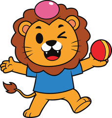Cartoon lion character in blue shirt dancing with ball—cheerful mascot vector with wink and playful pose for kids’ media, branding, and illustration kits