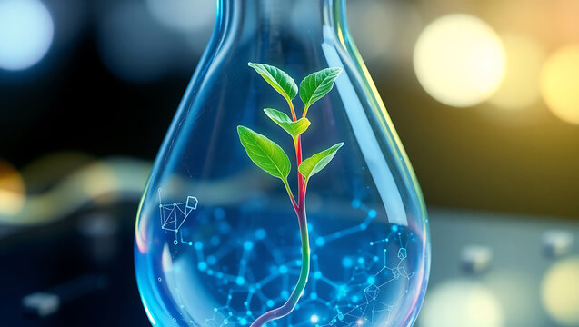 Plant sprout in laboratory flask with glowing data network - Powered by Adobe