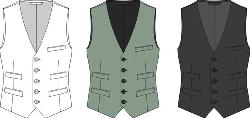 Three-button vest set in white, green, and black—V-neck garment mockups with pocket detail for fashion illustration, textile branding, and apparel catalog use