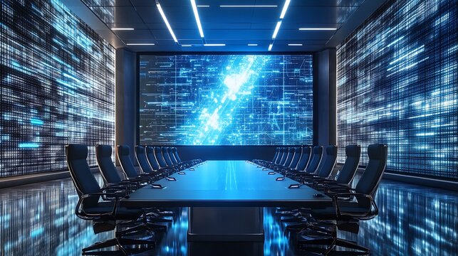 Futuristic conference room with digital display technology