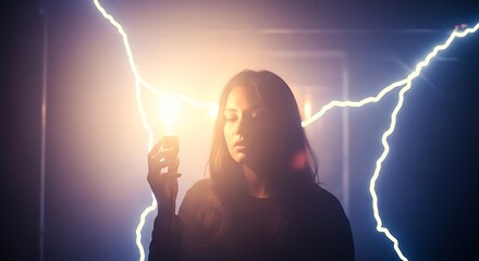 Woman contemplates a glowing lightbulb amidst stylized lightning, symbolizing inspiration and a breakthrough moment.