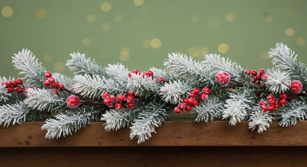 Festive snow-frosted pine garland with red berries on wooden mantle backdrop with golden bokeh and green background for holiday decoration