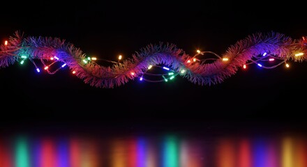 Vibrant Multicolored Holiday Lights Wrapping Around Festive Garlands Illuminating a Dark Background with Reflective Surfaces Showcasing Seasonal Cheer