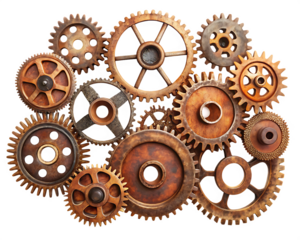  Collection of rusty metal gears interconnected isolated on white background,PNG.AI Generated.