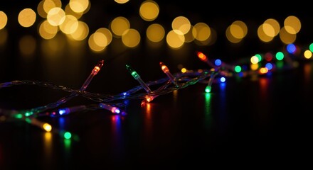 Close-up of Vibrant Multicolored String Lights Against Bokeh Background Creating Warm Holiday Atmosphere with Soft Golden Glow and Festive Illumination
