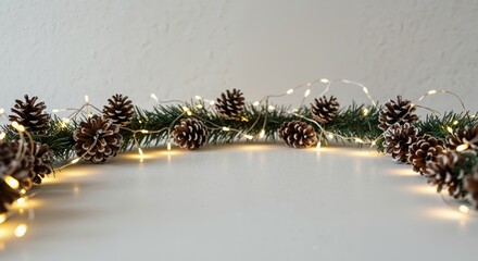 Festive Pinecone Garland with Twinkling Fairy Lights Creating a Cozy Holiday Ambiance Over a Minimalist White Background for Seasonal Decoration