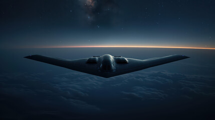 A black fighter jet is flying through the night sky