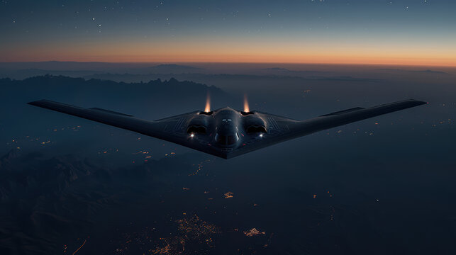 A black fighter jet is flying through the night sky