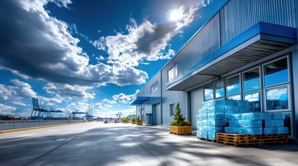 Obraz premium Industrial warehouse exterior with stacked cargo and loading docks under blue sky