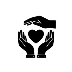 Fototapeta premium A minimalist black silhouette icon depicts two hands gently cupping a heart, with another pair of hands sheltering it from above, symbolizing care and protection.