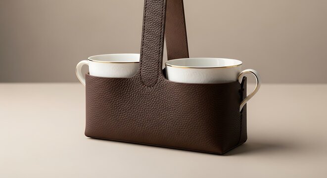 Elegant Leather Carrier Holding Two Porcelain Coffee Mugs with Golden Rims for Transportation