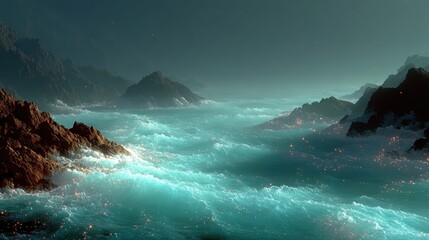 Turquoise alien ocean world, habitable exoplanet concept for space colonization study, cosmic art.