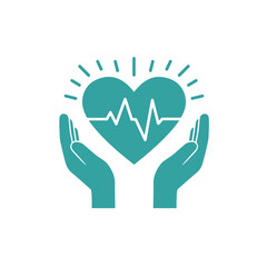 Obraz premium A minimalist teal graphic illustrates hands carefully holding a heart with a radiating heartbeat, symbolizing health, medical care, and well-being.