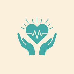 A stylized illustration presents a heart symbol with a heartbeat line, held gently by two hands, representing health and wellness on a soft, neutral background.
