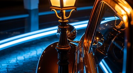A tuba stands near a vintage street lamp, with blurred blue light trails in the background.
