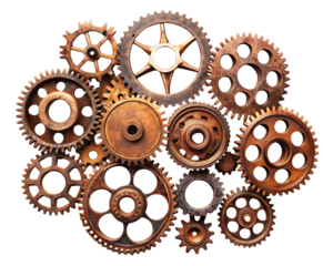  Collection of rusty metal gears interconnected isolated on white background,PNG.AI Generated.