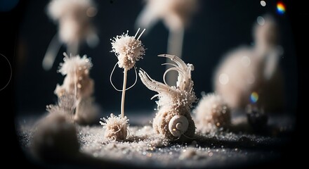 Close-up macro photography of intricate, textured, light beige structures resembling miniature landscapes or creatures.