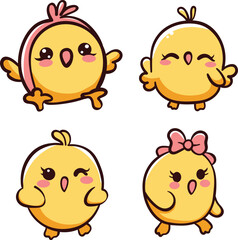 Cute Kawaii Baby Chick Character Vector Set - Adorable Yellow Chicks with Flowers for Kids Design
