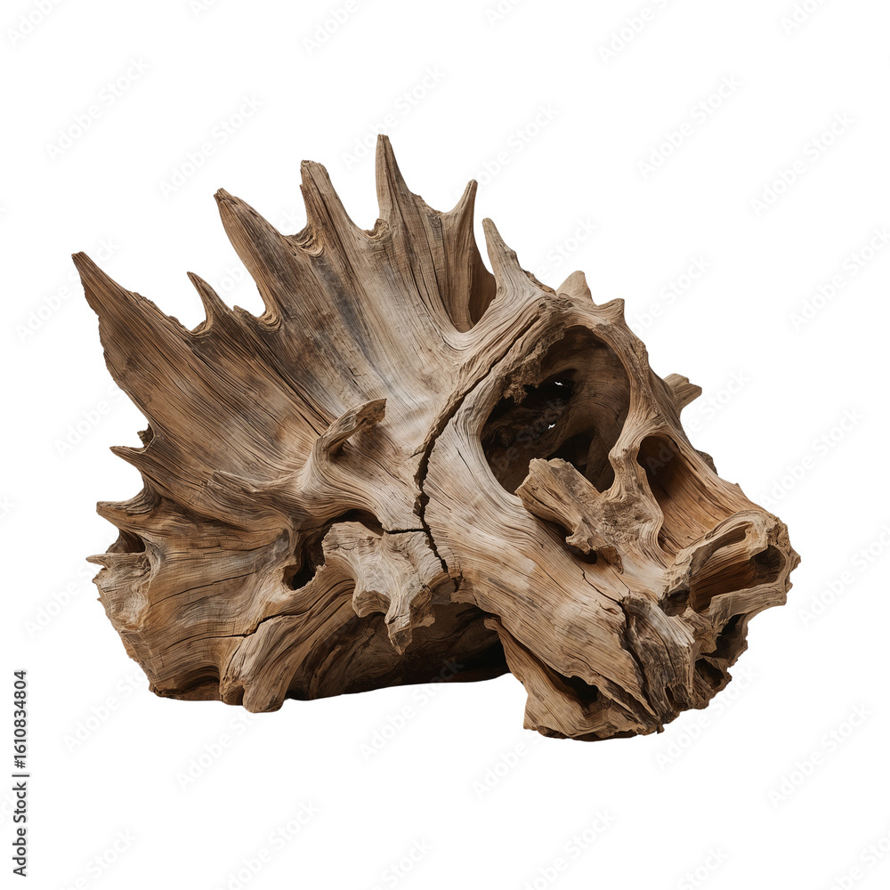 Poster sculpted driftwood creation showcasing intricate patterns against a simple setting providing