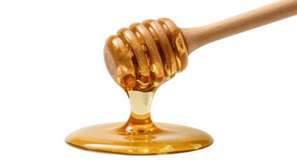 Golden Honey Drizzling from a Wooden Dipper on a Transparent Studio Setting, Pure and Sweet
