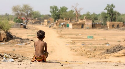 Rural Poverty Child Portrait Back View Dirt Road Village Landscape Social Issue Photo