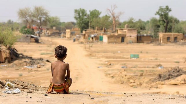 Rural Poverty Child Portrait Back View Dirt Road Village Landscape Social Issue Photo