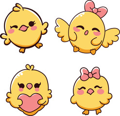 Cute Yellow Chick Characters Set – Kawaii Style Cartoon Birds
