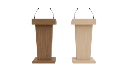 Dual Podium Display with Wood Grain Detail for Presentations on Transparent Stage