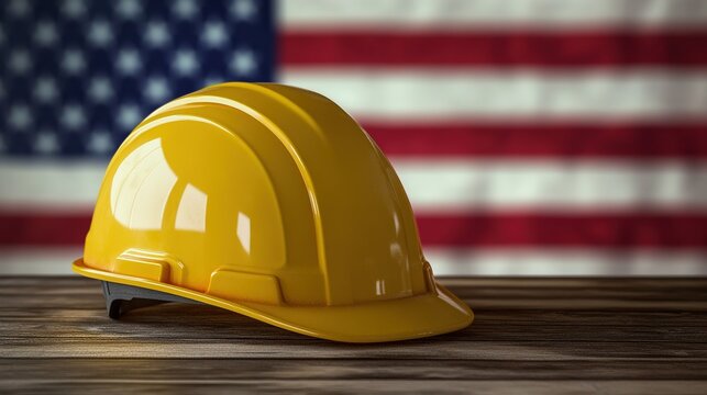 Yellow Safety Helmet Close-Up for Labor Day: Industrial Safety Design with American Flag on Wood Table, Honoring Workers