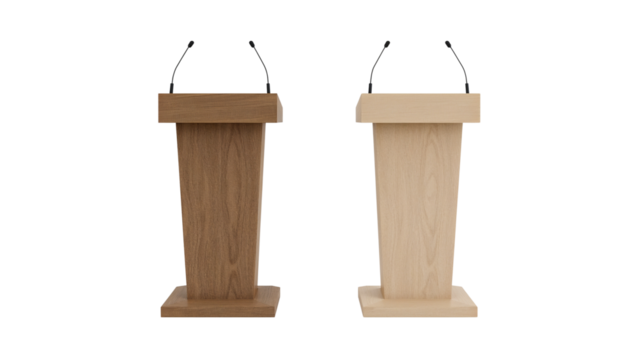 Dual Podium Display with Wood Grain Detail for Presentations on Transparent Stage