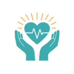 Obraz premium Caring hands gently hold a glowing heart symbol with a cardiogram, representing health, wellness, and life support.