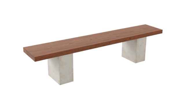 Minimalist wooden bench with concrete supports on an isolated transparent space