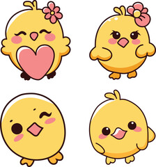 Cute Yellow Chick Characters Set – Kawaii Style Cartoon Birds