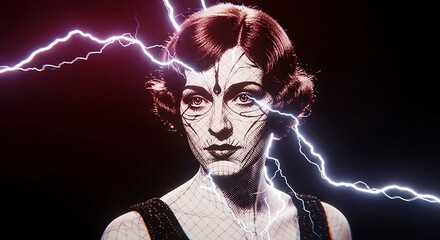 Surreal portrait of a retro cyborg woman with lightning bolts, a conceptual blend of vintage style and futuristic technology.