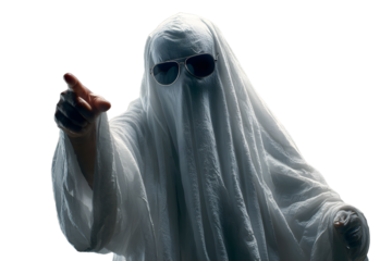 Person in Halloween costume of ghost with sunglasses points away