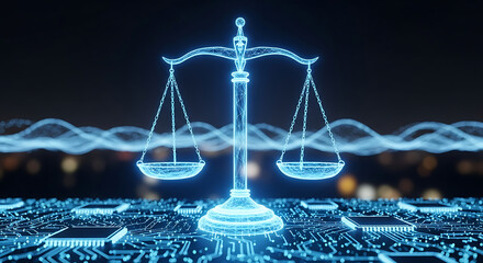 Digital Justice Scales Symbolizing AI Ethics and Algorithmic Accountability in the Modern Technological Landscape