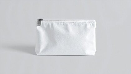 Sleek white zippered pouch for modern essentials, isolated on a minimalist light grey background. A simple and elegant organization accessory.