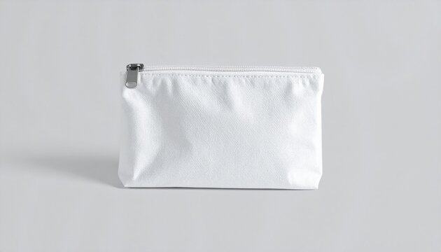 Sleek white zippered pouch for modern essentials, isolated on a minimalist light grey background. A simple and elegant organization accessory.