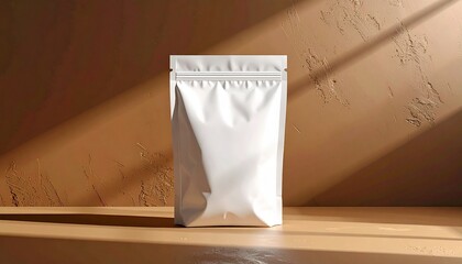 Minimalist product packaging mockup featuring a blank white stand-up doypack pouch on a shelf with natural sunlight and shadow.