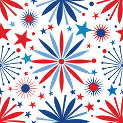 Fototapeta premium Patriotic Stars and Fireworks Seamless Pattern in Red White and Blue