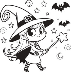 Cute Cartoon Witch Girl with Magic Wand Halloween Coloring Page