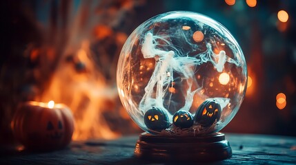 Eerie Halloween crystal ball with glowing pumpkins and ghosts