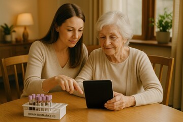white female caregiver helping elderly woman use memory tracking app on tablet at home table, concept of digital support, alzheimer care, mobile health