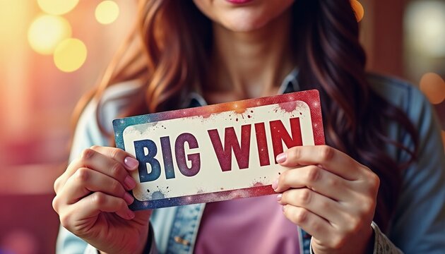 Woman holding a "Big Win" sign with a joyful expression indoors  