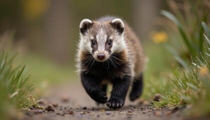 Adorable Badger Sprinting Towards Camera on Forest Path, Wildlife Portrait, Close-up.