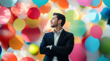 Confident businessman standing against colorful speech bubble background, contemplating ideas and communication.